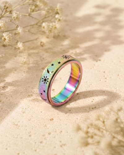 Fidget Ring Legetøj Voksne Angstlindring Spinner Kvinder Mænd Sol Måne Stjerne Rainbow Size 10