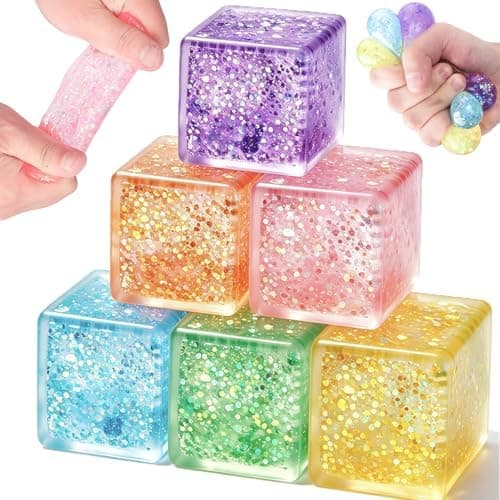 6-pack isbit squishy stressbollar, glitter fidget cube klämleksaker för barn och vuxna, långsamt stigande glittriga sensoriska squish-block, festfavoriter,