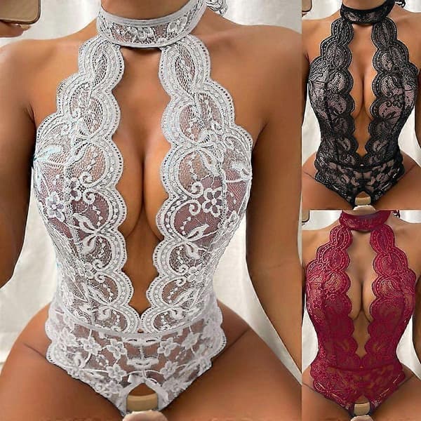 Kvinnor Spetsunderkläder Bodysuit Heta Erotiska Kostymer Damunderkläder Rygglös Ihålig Nattkläder Red m