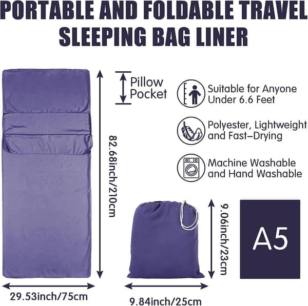 AURA Liners Reselakan Sovsäcksfoder, 75 X 210 Cm Bärbart Sovsäcksfoder i Polyester för Resande Vandrarhem, Lila