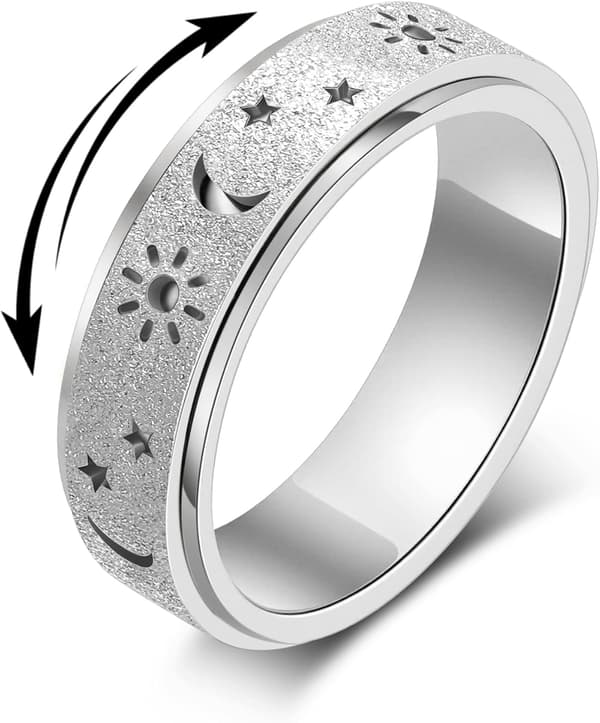 Fidget Ring Leker Voksne Angstavlastning Spinner Kvinner Menn Sol Måne Stjerne Silver Size 8