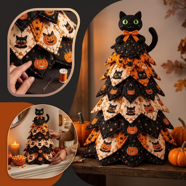 DIY Halloween-tilkkukangaspuusarja, 3D-ompeluartesetti Halloween-puu F