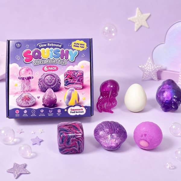 6-pack lila långsamt stigande squishy-leksaker, manet, snäcka, boll och geometrisk stresslindrande sensorisk presentuppsättning