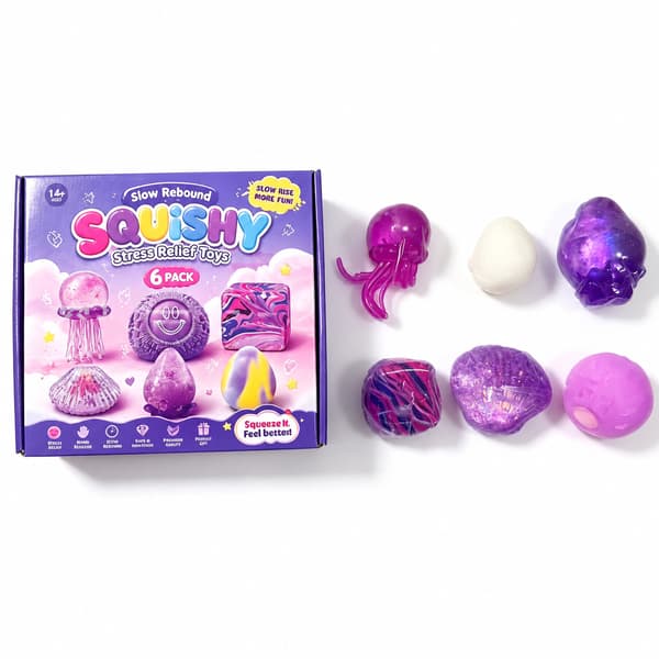 6-pack lila långsamt stigande squishy-leksaker, manet, snäcka, boll och geometrisk stresslindrande sensorisk presentuppsättning