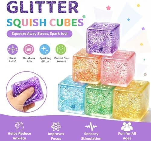 6-pack isbit squishy stressbollar, glitter fidget cube klämleksaker för barn och vuxna, långsamt stigande glittriga sensoriska squish-block, festfavoriter,