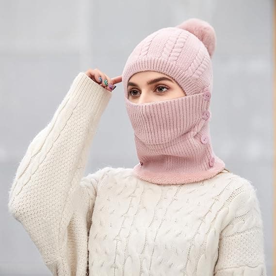 Vintervarm stickad mössa och halsduk, elastisk stickad mössa med tofsar, mjukt och tjockt fleecefoder
