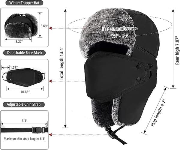 Vinterluer for kvinner menn Trapper Ushanka-hatt med øreklaffer, svart black