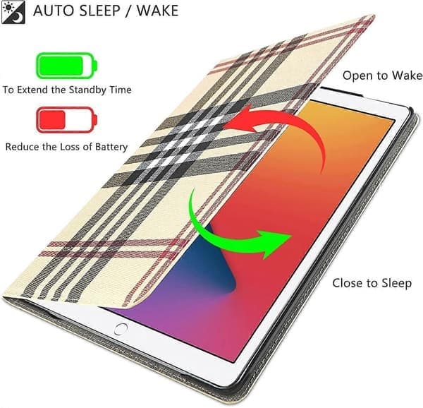 Fodral för iPad 9:e/8:e/7:e generationen (2021/2020/2019), iPad 10.2 Fodral Vikbart Stativ Kortplats Premium Läder Klassiskt Rutigt Skydd Auto