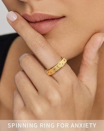 Fidget Ring Leker Voksne Angstavlastning Spinner Kvinner Menn Sol Måne Stjerne Gold Plated Size 5