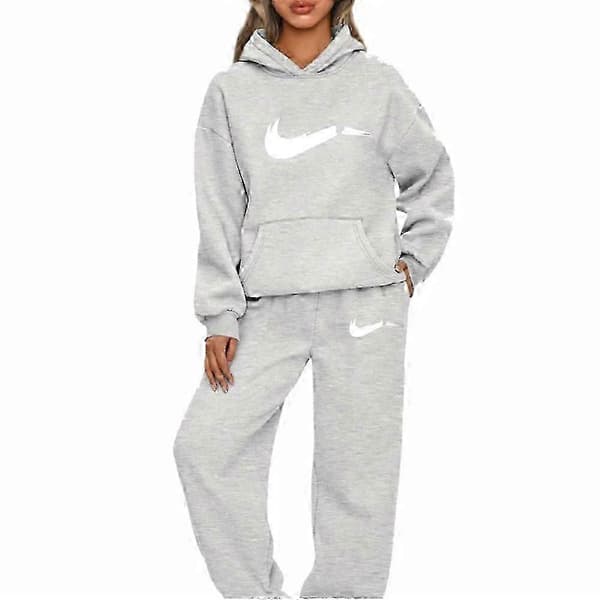 2 stk/sett Stilig hettegenser for kvinner Høst-joggedress Elastisk mansjett Dyp skritt Vinter hettegenser bukse sett Light grey  white M