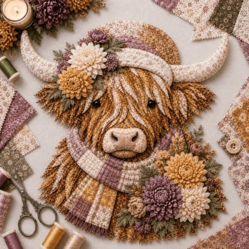 Fødselsblomst Highland Ku 3D Lagdelt Stoffkunst DIY-sett for voksne (E1PC) E1PC