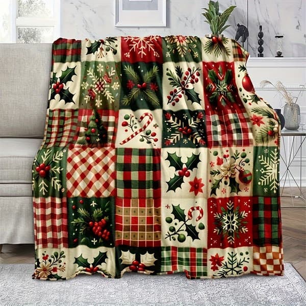 Juleglæde Patchwork Fleecetæppe, Hyggeligt Rødt og Grønt Feriedesign, Blød Polyester, Maskinvaskbart, Størrelse 149.99*200.0cm 149.99*200.0cm