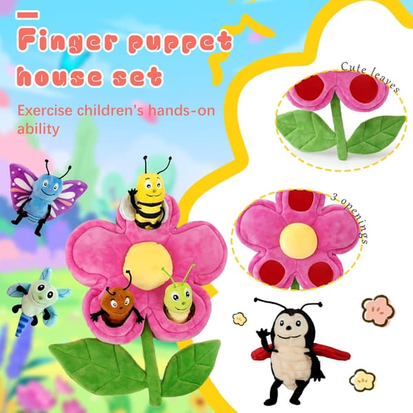 6 st insektsfingerdockor med blomhus, nyhet plyschfingerdockor för barn, presenter för berättande rollspel Insect Home