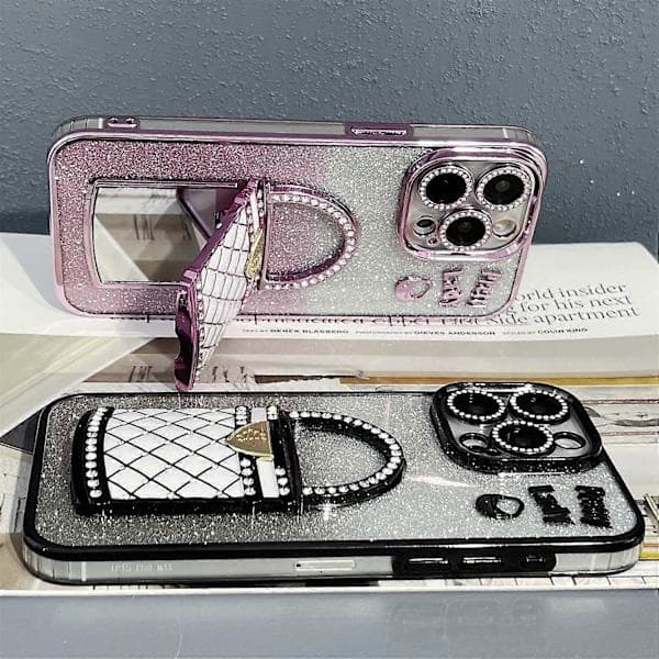 For iPhone 15 Pro-deksel Speilstativ TPU+PC Gradient Glitter Mobiltelefondeksel
