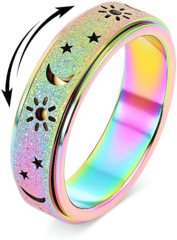 Fidget Ring Legetøj Voksne Angstlindring Spinner Kvinder Mænd Sol Måne Stjerne Rainbow Size 10