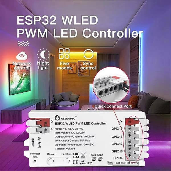 ESP32 PWM WLED LED-controller 5 tilstande i 1 DC 12-24V