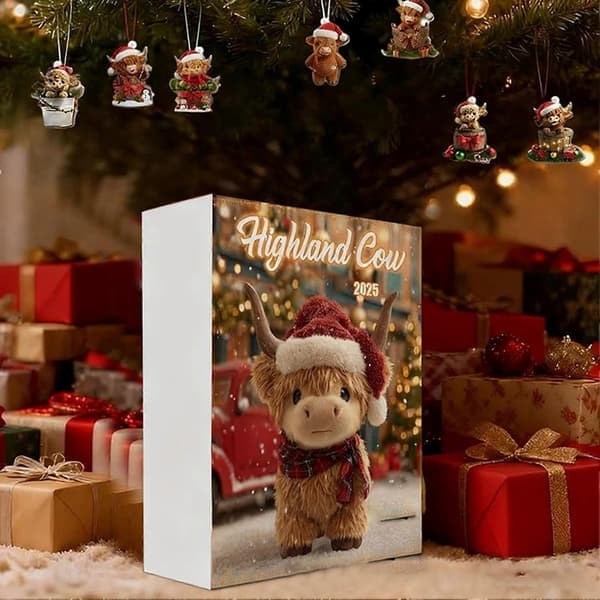 Julekalender med skotsk højlandskvæg til julepynt