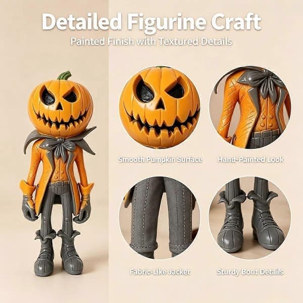 Gentleman gresskarhode-figur til Halloween, Jack O'Lantern borddekorasjon i trenchcoat for peishylle, bokhylle
