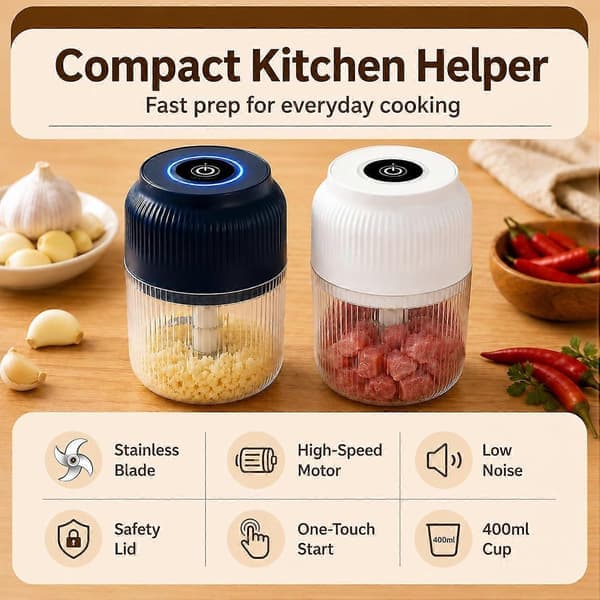2026 Ny elektrisk hvidløgshakker, 400 ml USB genopladelig foodprocessor med 6 knive i rustfrit stål til hvidløg, løg, ingefær, blå Blue