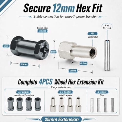 4 STK 12mm Hex Nav 25mm Aluminium Forlænger Hex til Axial SCX10 D90 90046 Titanium