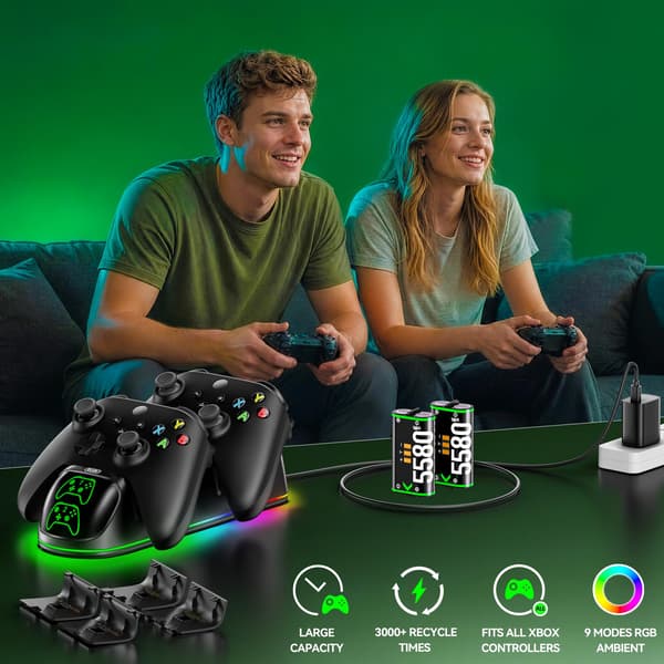 OlVO XSX Controlleroplader til X/S/One/Elite, med 2x5580mWh Xbox-batteri Black-2 Packs