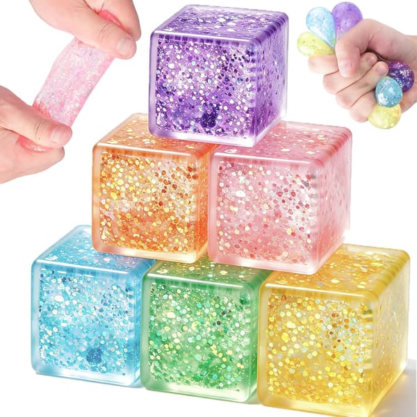 6-pack isbit squishy stressbollar, glitter fidget cube klämleksaker för barn och vuxna, långsamt stigande glittriga sensoriska squish-block, festfavoriter,