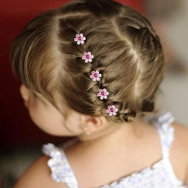 20 mini lyserøde og røde blomsterhårklemmer - søde rhinstensdekorerede til bryllupper og brudelejligheder.