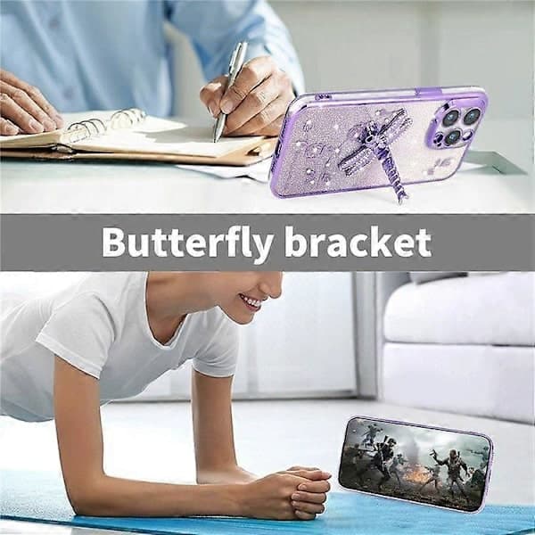Etui til iPhone 15 Pro sommerfuglstativ TPU blomster glitter mobildeksel