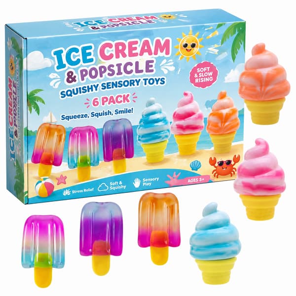 6-pack glass- och isglass-squishy sensoriska leksaker, färgglada långsamt stigande stresslindrande fidget-presentpaket