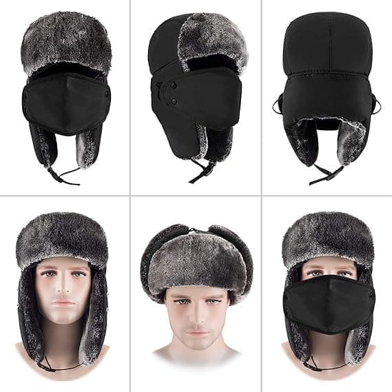 Vintermössor för kvinnor och män, Trapper Ushanka-hatt med öronlappar, Svart black