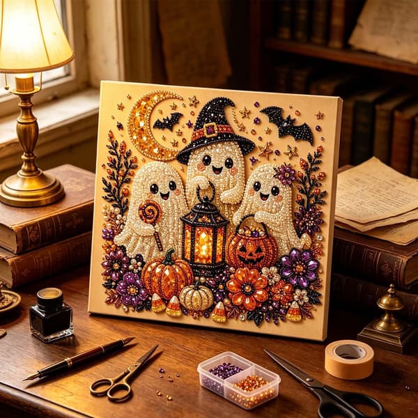 QELDRYX Halloween Spøgelse Perlekunst DIY-sæt til voksne, Flagermus Diamantkunst Sæt DIY Kits -06