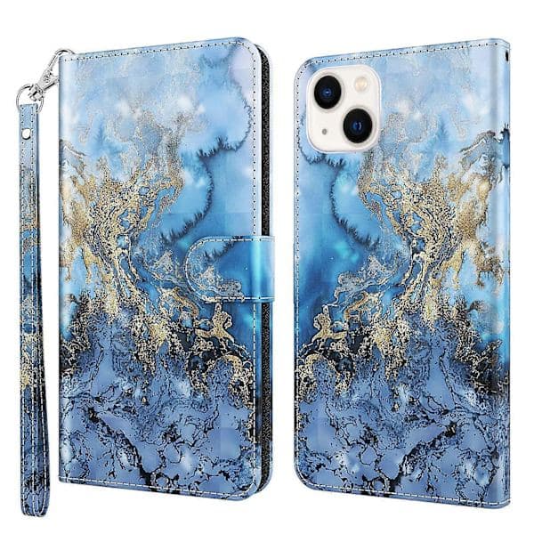 Til iPhone 14 Plus 3D malet mønster flip læder telefoncover (guldsommerfugle)