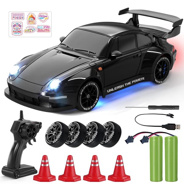 RC Driftbil, 1:24 Fjernstyret Bil med LED-lys 2 Batterier Sort 2 Batteries Black