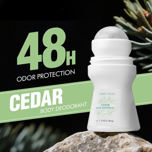 Flora Ruby Cedar vartalodeodorantti roll-on, 48H hajusuoja, raikas puinen tuoksu, 1,59 oz / 50 ml cedar