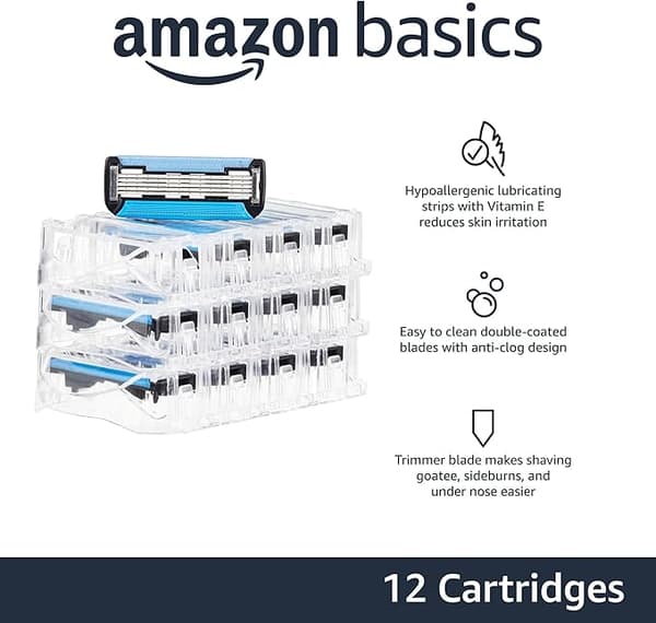 Amazon Basics 5-bladede skraberrefiller, 12-pak med dobbelt smøring og præcisionstrimmer til mænd