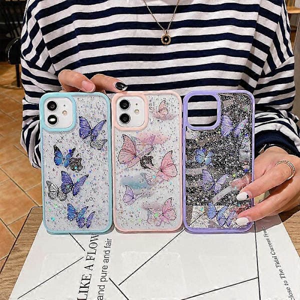 Kotelo iPhone 14 Pro Max -puhelimelle, värikäs perhonen, glitter, epoksi, TPU