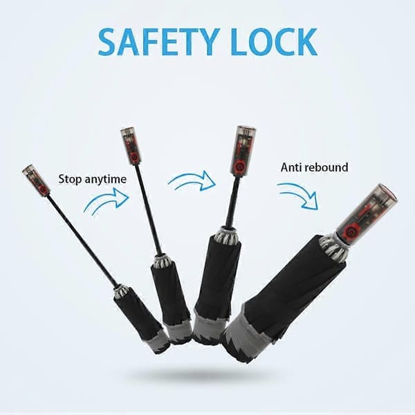 Automatisk omvendt paraply med refleksstribe, kompakt foldbar paraply til regn og sol, sort Black