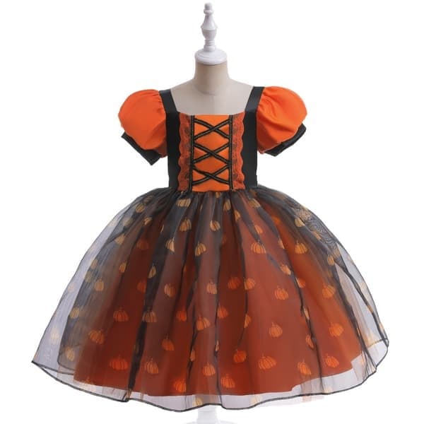 Tytön Halloween-asu kurpitsaprintillä, noitamekko, koko 110cm 110cm