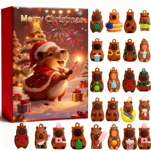 Capybara julekalender med 24-dages nedtælling, Capybara-figur til hvert vindue, julepynt og gaveemballage til & S