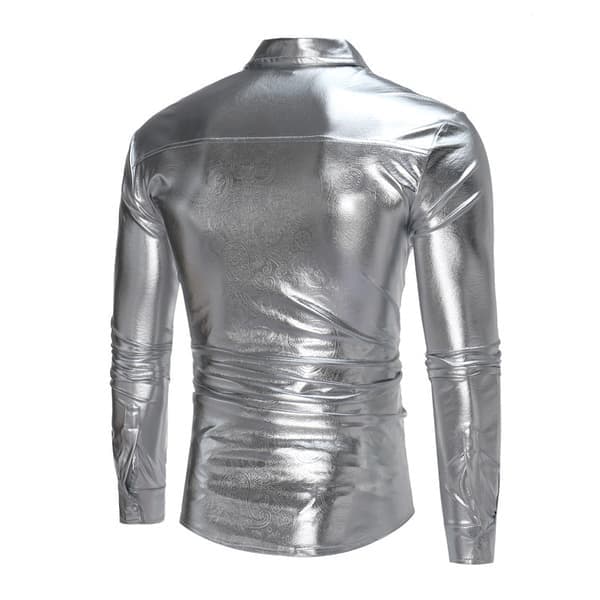 Glänsande slim fit långärmade nattklubbsskjortor för män, silver, storlek M silver M