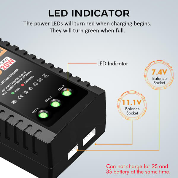 LiPo-oplader til 2S-3S (7,4-11,1V) LiPo-batteri til RC-legetøj og -model (gul) Yellow
