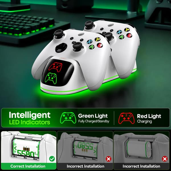 OlVO XSX Controlleroplader til X/S/One/Elite, med 2x5580mWh Xbox-batteri White-2 Packs