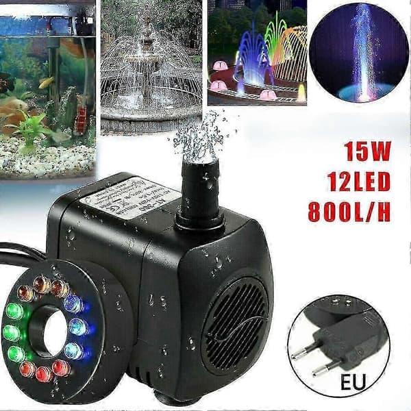 15W 800L/H Springvandspumpe med 12 LED-lys til have og dam, model