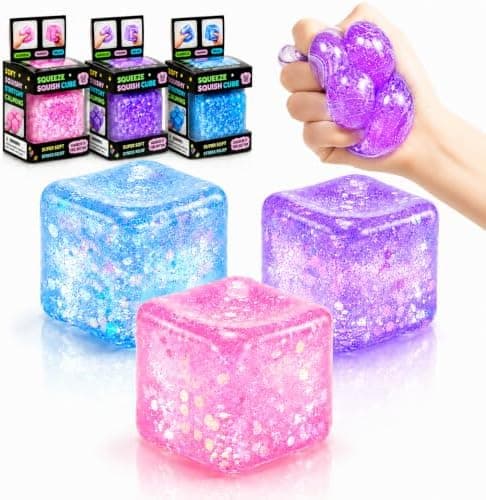 3 STK Fidget Leker Squishy Stresskuber, Myke Silikon Sensoriske Leker for Tenåringer Voksne, Glitter Angstlindrende Stresslindrende Leke, Stille Skrivebordsfidget
