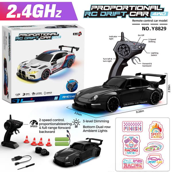 RC Driftbil, 1:24 Fjernstyret Bil med LED-lys 2 Batterier Sort 2 Batteries Black