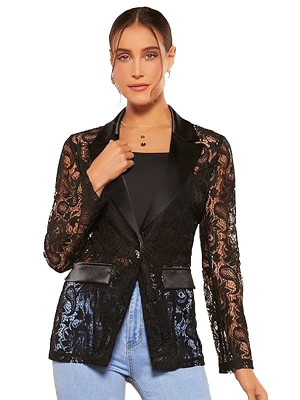 Elegant kavajblazer för henne med blommig spets och lång ärm, storlek S S