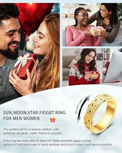 Fidget Ring Leker Voksne Angstavlastning Spinner Kvinner Menn Sol Måne Stjerne Gold Plated Size 5
