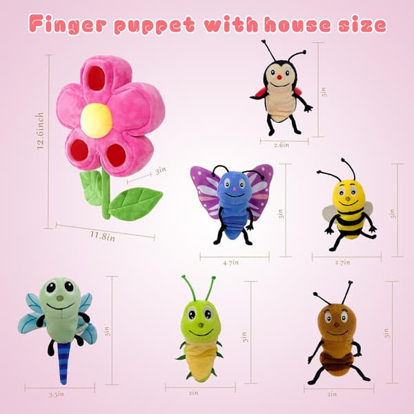 6 st insektsfingerdockor med blomhus, nyhet plyschfingerdockor för barn, presenter för berättande rollspel Insect Home