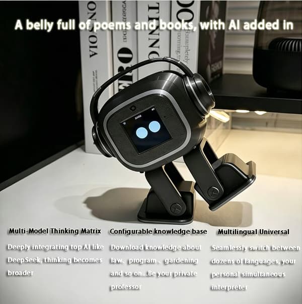 AI-ledsagerrobot til voksne | Desktop-humanoid med dynamiske udtryk og tilpasset vidensbase | 19 handlinger, 10 sprog | AI-kæledyr, Emo Black