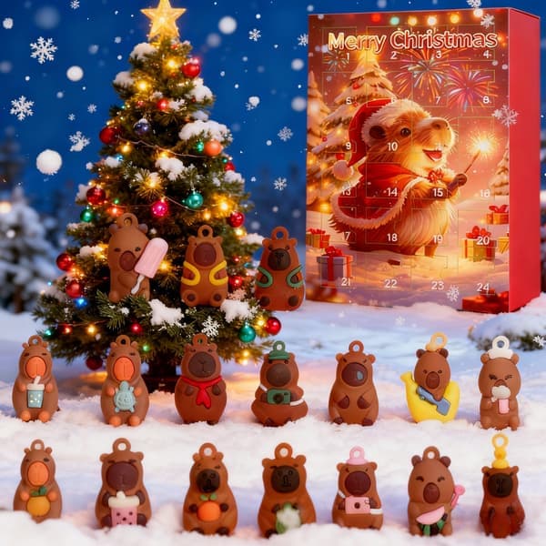 Capybara julekalender med 24-dages nedtælling, Capybara-figur til hvert vindue, julepynt og gaveemballage til & S